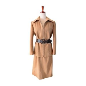 Vintage Gino Rossi‎ Camel Hair Blazer Skirt Suit Set Women Size 14 Two Piece Tan